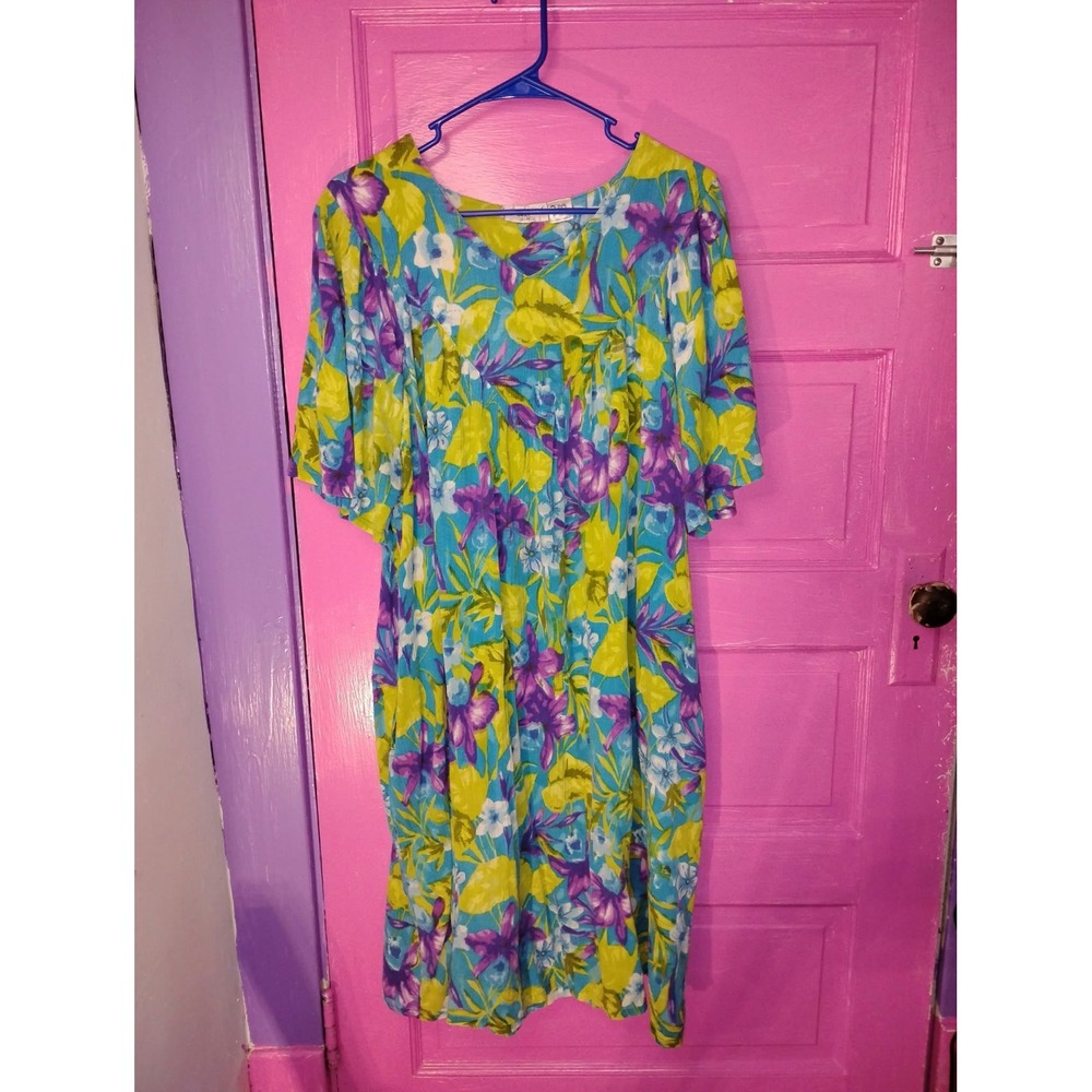 1X Vintage Sante Classics Blue Purple Green Floral Mu Mu Dress Grannycore 80s